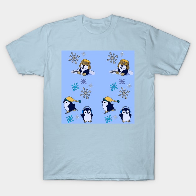 Penguins Ice Skating Pattern T-Shirt by allthebeanz